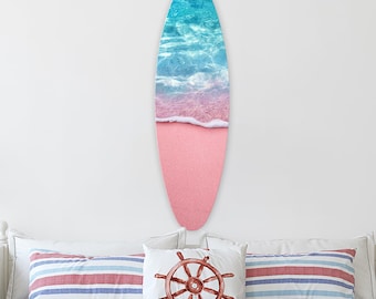 Quadro decorativo de parede com prancha de surf rosa Paradise Beach, decoração costeira para casa, fixação magnética.