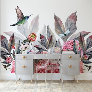 Wandbild mit Pfingstrose, Kolibri und Pfingstrose | Schälen und aufkleben (selbstklebend) oder nicht klebendes Vinylpapier