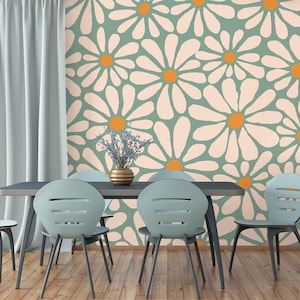Gänseblümchen Retro Pastell Blumen Tapete, Gänseblümchen Blumen, Botanisches Wandbild | Schälen und aufkleben (selbstklebend) oder nicht klebendes Vinylpapier