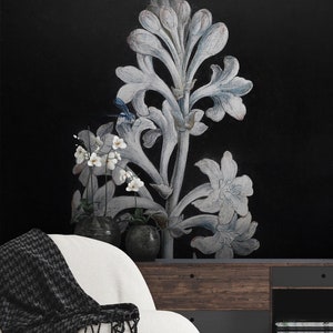 Floral wallpaper with black background | Peel and Stick (Self Adhesive) or Non Adhesive Vinyl Paper