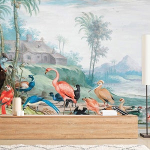 Landscape with Colorful Birds Wallpaper, Vintage Painting Wall Mural | Peel and Stick (Self Adhesive) or Non Adhesive Vinyl Paper