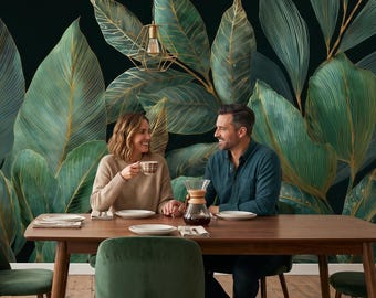 Dark botanical wallpaper, leaves wall mural, botanic home decor | Peel and Stick (Self Adhesive) or Traditional Vinyl Paper