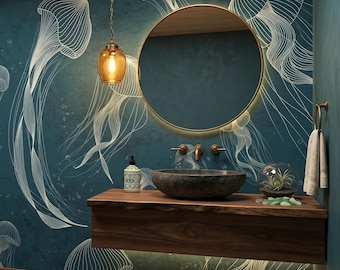 Jellyfish Wallpaper, Dark Marine Pattern, Blue Sea Animal Wall Mural, Nautical Home Decor, Peel and Stick or Traditional Vinyl