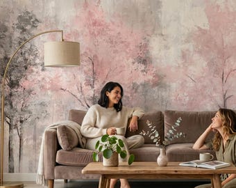 Pink & black trees concrete wallpaper, botanical wall mural, vintage home decor | Peel and Stick (Self Adhesive) or Traditional Vinyl Paper
