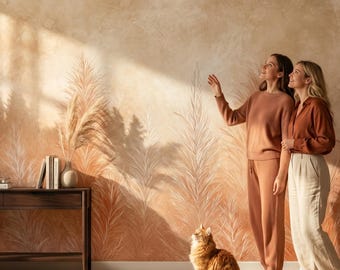 Orange meadow wallpaper, botanical wall mural, abstract home decor | Peel and Stick (Self Adhesive) or Traditional Vinyl Paper