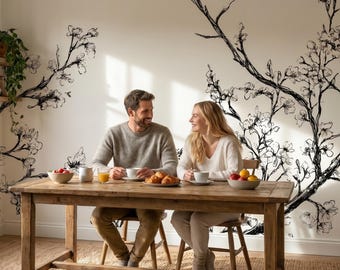 Off white tree branches wallpaper, abstract botanical wall mural,floral home decor|Peel and Stick (Self Adhesive) or Traditional Vinyl Paper