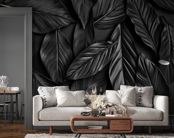 Black Leaves Wallpaper, Abstract Dark Botanical Wall Mural | Peel and Stick (Self Adhesive) or Non Adhesive Vinyl Paper