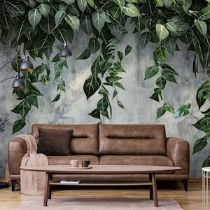 Hängende Blätter Betonwand Wandbild, botanische Tapete, Blattabdruck Wanddekor | Schälen und aufkleben (selbstklebend) oder nicht klebendes Vinylpapier