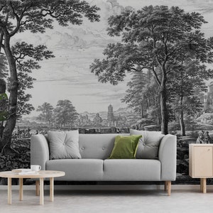 Black and white old landscape art wallpaper with trees and bridge, Peel & Stick, Self Adhesive Removable Wall Mural