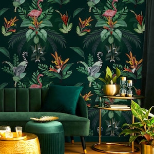 Dunkelgrüne Tropische Lemur, Tukan und Flamingo Tapete, exotisches Wandbild* | Schälen und aufkleben (selbstklebend) oder nicht klebendes Vinylpapier