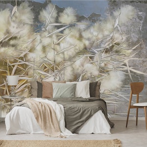 Wallpaper with reed painted on a grunge concrete wall | self-adhesive, removable, peel & stick wall mural