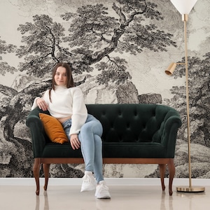 Trees and mountains landscape wallpaper, wall mural | Peel and Stick (Self Adhesive) or Non Adhesive Vinyl Paper