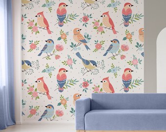 Wallpaper with colorful birds and flowers, self adhesive, peel and stick floral wall mural