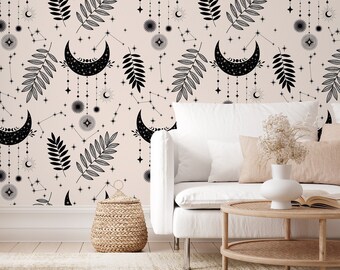Papel pintado Luna Celestial y Hojas / Vinilo Beige, Autoadhesivo