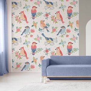 Papel pintado con pájaros y flores de colores, autoadhesivo, mural de pared floral de pelar y pegar