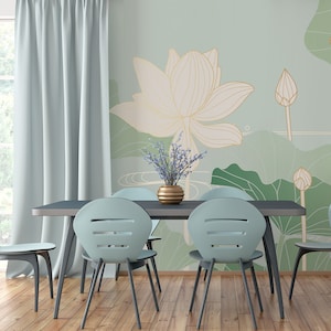 Hellgrüne Seerose Tapete, Lotus Wandbild, Weiße Blumen Print | Schälen und aufkleben (selbstklebend) oder nicht klebendes Vinylpapier
