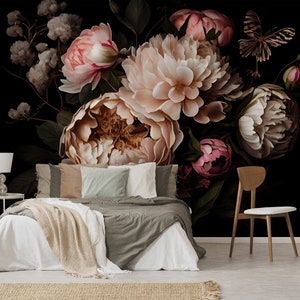 Dunkler Pfingstrosen Blumenstrauß Abstrakte Tapete, Blumenwandbild | Schälen und aufkleben (selbstklebend) oder nicht klebendes Vinylpapier