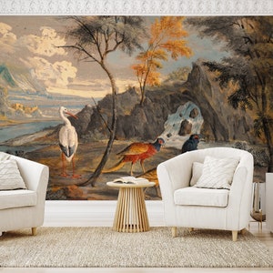 Malerische impressionistische Landschaft Wallpaper mit Vögeln im Vordergrund | Abziehen und aufkleben (selbstklebend) oder nicht klebendes Vinylpapier