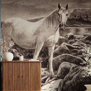 Horse Vintage Painting Wallpaper, Animal Art, Old Wall Mural | Peel and Stick (Self Adhesive) or Non Adhesive Vinyl Paper