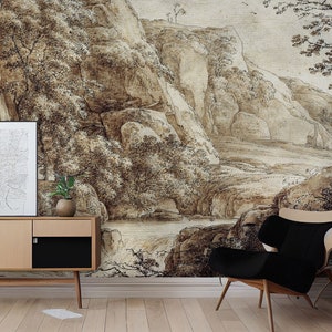 Mountain landscape wallpaper with lake | Peel and Stick (Self Adhesive) or Non Adhesive Vinyl Paper