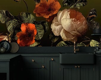 Black Floral Peel and Stick Wallpaper, Vintage Style Wall Mural
