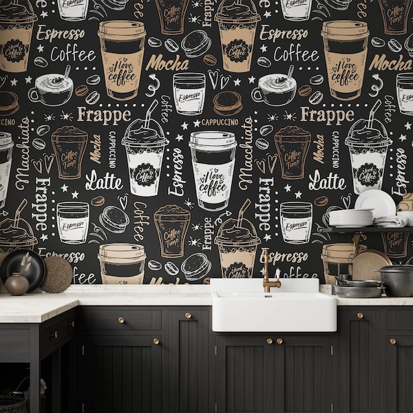 Coffee Bar Wallpaper, Dark Mural, Restaurant and Kitchen Wall Decor | Peel and Stick (Self Adhesive) or Non Adhesive Vinyl Paper