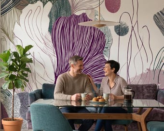 Purple botanical wallpaper, abstract floral wall mural, home decor | Peel and Stick (Self Adhesive) or Traditional Vinyl Paper
