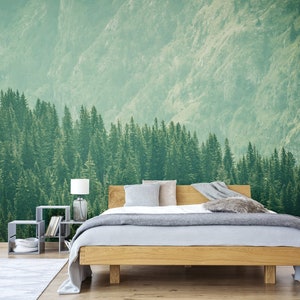 Green forest mountain wall, self adhesive, peel and stick wall mural