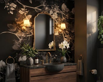 Black and white floral motive wallpaper, dark botanical wall mural, botanic home decor, self-adhesive, removable, peel and stick wall mural