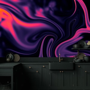Neon flüssige Tapete, dunkles abstraktes Wandbild | Schälen und aufkleben (selbstklebend) oder nicht klebendes Vinylpapier