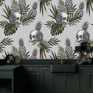 Grauer Schädel & Ananas Wallpaper, Grüne Tropische Blätter Wandbild | Abziehen und aufkleben (selbstklebend) oder nicht klebendes Vinylpapier