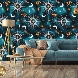 Lebhafte Tapete mit schwarz-blauer, kosmischer Tapete mit Mond, Sternen und orangem Blattmuster | Schälen und aufkleben (selbstklebend) oder nicht klebendes Vinylpapier