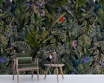 Papel de parede com estampa de selva tropical, papagaio e tucano, vinil autoadesivo.