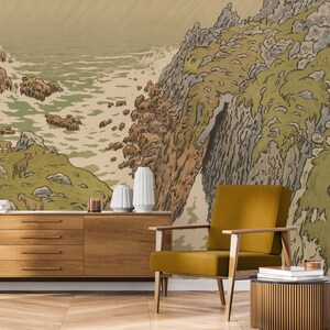 Abstract watercolor cliffs wallpaper, scenic wall art | Peel and Stick (Self Adhesive) or Non Adhesive Vinyl Paper