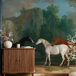 Wild horses on a green landscape wallpaper, Wall Mural | Peel and Stick (Self Adhesive) or Non Adhesive Vinyl Paper