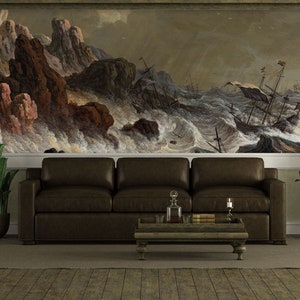 Vintage Sea Storm Scenic Seascape Wallpaper, Coast and Ships, Marine Wall Mural| Peel and Stick (Self Adhesive) or Non Adhesive Vinyl Paper