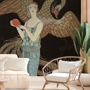 Art-Deco-Wandbild, Vintage-Stil Tapete, Gemälde Wandkunst mit Frau | Abziehen und aufkleben (selbstklebend) oder nicht klebendes Vinylpapier