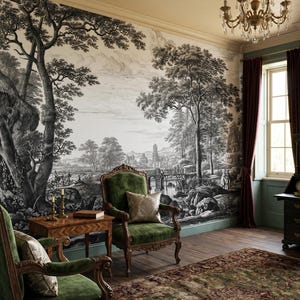 Black and White Scenic Landscape Wallpaper, Trees & Bridge, Vintage Home Decor, Peel and Stick Wall Mural