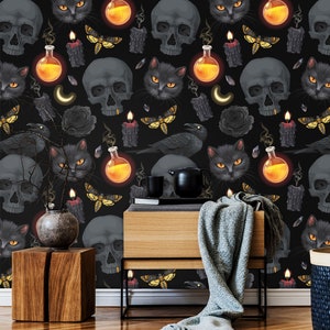 Dark Skull & Cat Wallpaper, Halloween Spooky Wall Mural, Candles and Potions | Peel and Stick (Self Adhesive) or Non Adhesive Vinyl Paper