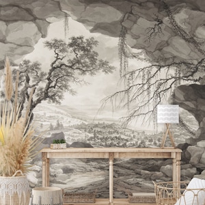 Vintage cave landscape wallpaper | Peel and Stick (Self Adhesive) or Non Adhesive Vinyl Paper