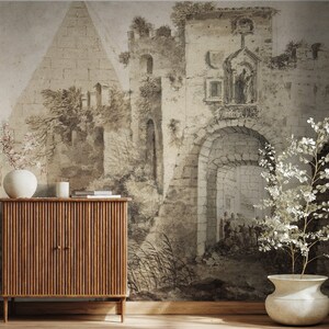 Vintage landscape wallpaper, scenic wall art | Peel and Stick (Self Adhesive) or Non Adhesive Vinyl Paper