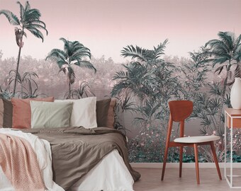 Pink & Green Tropical Landscape Wallpaper with Palm Trees | Peel and Stick (Self Adhesive) or Non Adhesive Vinyl Paper