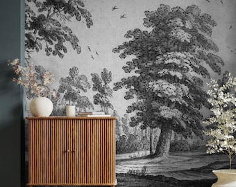May include: A wooden cabinet with two doors and a textured wood grain finish. The cabinet is in front of a wall with a black and white wallpaper depicting a forest scene with trees and birds.