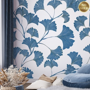 Carta da parati con foglie di Ginkgo Biloba blu, sfondo bianco, decorazione murale con foglie astratte / stacca e incolla (autoadesiva) o carta vinilica non adesiva