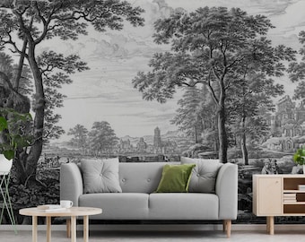 Black and white old landscape art wallpaper with trees and bridge, Peel & Stick, Self Adhesive Removable Wall Mural