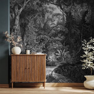 Black and White Vintage Forest and Waterfall Wallpaper | Peel and Stick (Self Adhesive) or Non Adhesive Vinyl Paper