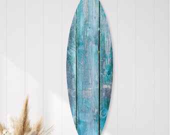 Quadro de parede artesanal em formato de prancha de surf azul: decoração boho costeira, impressão em Dibond.