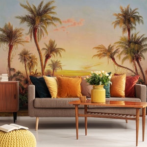 Tropical wallpaper with palm and sunset, wall mural, scenic wallpaper | Peel and Stick (Self Adhesive) or Non Adhesive Vinyl Paper