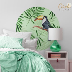 Watercolor wall sticker, palm leaves and toucan, Room Wall Decor, Circle Wall Decal, Peel and Stick, Self Adhesive
