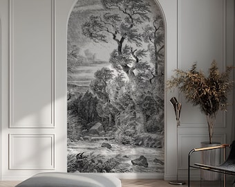 Adesivo de parede em arco com paisagem em preto e branco, papel de parede removível.